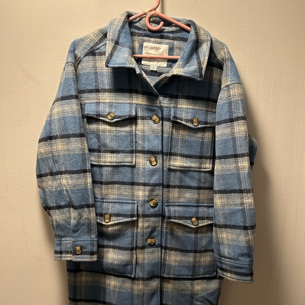 American Eagle Outfitters Blue and Cream Plaid Coat